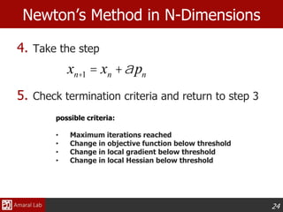 24
Newton’s Method in N-Dimensions
4. Take the step
5. Check termination criteria and return to step 3
xn+1 = xn +apn
possible criteria:
• Maximum iterations reached
• Change in objective function below threshold
• Change in local gradient below threshold
• Change in local Hessian below threshold
 