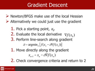 26
Gradient Descent
 Newton/BFGS make use of the local Hessian
 Alternatively we could just use the gradient
1. Pick a starting point, x0
2. Evaluate the local derivative
3. Perform line-search along gradient
1. Move directly along the gradient
2. Check convergence criteria and return to 2
Ñf (x0 )
xn+1 = xn -aÑf (xn )
a = argmina f (xn -aÑf (xn ))[ ]
 