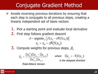 28
Conjugate Gradient Method
 Avoids reversing previous iterations by ensuring that
each step is conjugate to all previous steps, creating a
linearly independent set of basis vectors
1. Pick a starting point and evaluate local derivative
2. First step follows gradient descent
3. Compute weights for previous steps, βn
x1 = x0 -aÑf (x0 )
a = argmina f (x0 -aÑf (x0 ))[ ]
bn =
Dxn
T
(Dxn -Dxn-1)
DxT
n-1Dxn-1
Dxn = -Ñf (xn )where
is the steepest direction
Polak-Ribiere Version
 