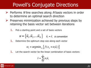 31
Powell’s Conjugate Directions
 Performs N line searches along N basis vectors in order
to determine an optimal search direction
 Preserves minimization achieved by previous steps by
retaining the basis vector set between iterations
1. Pick a starting point and a set of basis vectors
1. Determine the optimum step size along each vector
1. Let the search vector be the linear combination of basis vectors:
is convention
 