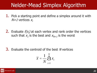36
Nelder-Mead Simplex Algorithm
1. Pick a starting point and define a simplex around it with
N+1 vertices xi
2. Evaluate f(xi) at each vertex and rank order the vertices
such that x1 is the best and xN+1 is the worst
3. Evaluate the centroid of the best N vertices
x =
1
N
xi
i=1
N
å
 