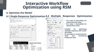 Interactive Workflow
Optimization using RSM
6. Optimize the Model
6.1 Single Response Optimization 6.2 Multiple Responses Optimization
(later)
• Put value 0 desirability for
undesired level value
• Put value 1 desirability for
desired level value
Suitable for optimizing
multiple responses with trade-
off profile,
for example in maximizing the
Yield and minimizing
Production Cost
Optimized Value
• PS =
0,6255
• Temp = 1,3738
• Time = 1,3125
 