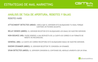 @xavicastellnou
ESTRATEGIAS DE MAIL MARKETING
ANÁLISIS DE TASA DE APERTURA, REBOTES Y BAJAS
REBOTES HARD
ATTACHMENT DETECTED (MBAD): INDICA QUE EL SERVIDOR ESTÁ BLOQUEANDO TU EMAIL PORQUE
CONTIENE UN FICHERO ADJUNTO.
RELAY DENIED (MBRD): EL SERVIDOR RECEPTOR ESTÁ BLOQUEANDO LOS EMAILS DE NUESTRO SERVIDOR.
NON BOUNCE (NB): PUEDE DEBERSE A UNA RESPUESTA DE LA CUENTA DE CORREO O UN FORMATO DE
REBOTE NO RECONOCIDO.
GENERAL (MB): LA CUENTA DE CORREO RECEPTORA ESTÁ BLOQUEANDO EMAILS DE NUESTRO SERVIDOR.
KNOWN SPAMMER (MBKS): EL SERVIDOR RECEPTOR TE CONSIDERA UN SPAMMER.
SPAM DETECTED (MBSD): EL SERVIDOR CONSIDERA EL CONTENIDO DEL MENSAJE APARENTA SER UN SPAM.
 