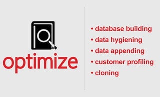 •databasebuilding
•datahygiening
•dataappending
•customerprofiling
•cloning
 