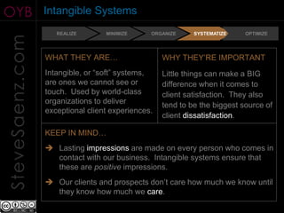 OYB              Intangible Systems
                    REALIZE       MINIMIZE     ORGANIZE     SYSTEMATIZE    OPTIMIZE
SteveSaenz.com

                 WHAT THEY ARE…                    WHY THEY’RE IMPORTANT
                 Intangible, or “soft” systems,    Little things can make a BIG
                 are ones we cannot see or         difference when it comes to
                 touch. Used by world-class        client satisfaction. They also
                 organizations to deliver          tend to be the biggest source of
                 exceptional client experiences.
                                                   client dissatisfaction.

                 KEEP IN MIND…
                  Lasting impressions are made on every person who comes in
                   contact with our business. Intangible systems ensure that
                   these are positive impressions.
                  Our clients and prospects don’t care how much we know until
                   they know how much we care.
 