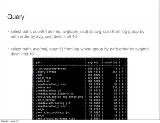Query
• select path, count(*) as freq, avg(cpm_usd) as avg_cost from log group by
path order by avg_cost desc limit 10
• s...