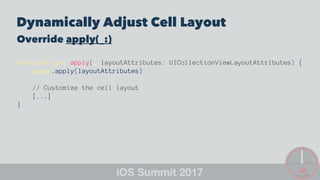 Dynamically Adjust Cell Layout
Override apply(_:)
override func apply(_ layoutAttributes: UICollectionViewLayoutAttributes) {
super.apply(layoutAttributes)
// Customize the cell layout
[...]
}
 