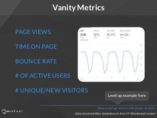 @SaraContentWise @mindtouch #stc19 #OptimizeContent
Vanity Metrics
PAGE VIEWS
TIME ON PAGE
BOUNCE RATE
# OF ACTIVE USERS
#...