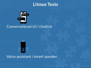 @SaraContentWise @mindtouch #stc19 #OptimizeContent
Conversational UI / chatbot
Litmus Tests
Voice assistant / smart speak...
