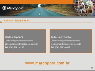 Contato - Equipe de RI:
Carlos Zignani
Diretor Relações com Investidores
carlos.zignani@marcopolo.com.br
Tel: (54) 2101-4115
João Luiz Borsoi
Gerente Relações com Investidores
joao.borsoi@marcopolo.com.br
Tel: (54) 2101-4660
www.marcopolo.com.br
52
 