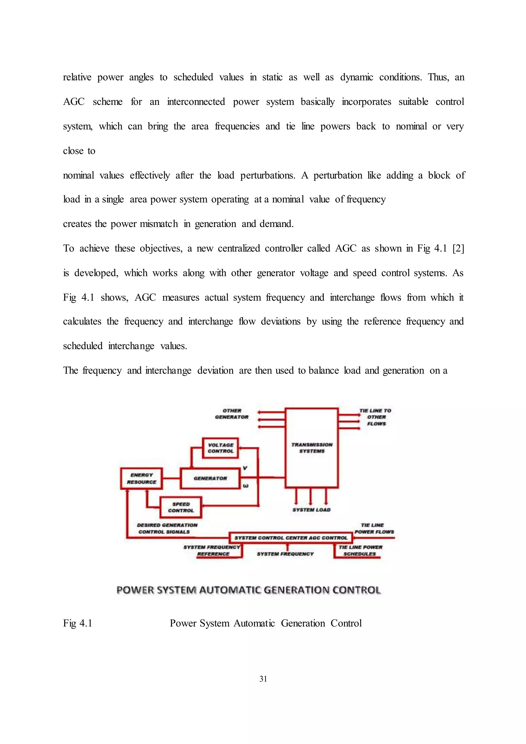 31
relative power angles to scheduled values in static as well as dynamic conditions. Thus, an
AGC scheme for an interconnected power system basically incorporates suitable control
system, which can bring the area frequencies and tie line powers back to nominal or very
close to
nominal values effectively after the load perturbations. A perturbation like adding a block of
load in a single area power system operating at a nominal value of frequency
creates the power mismatch in generation and demand.
To achieve these objectives, a new centralized controller called AGC as shown in Fig 4.1 [2]
is developed, which works along with other generator voltage and speed control systems. As
Fig 4.1 shows, AGC measures actual system frequency and interchange flows from which it
calculates the frequency and interchange flow deviations by using the reference frequency and
scheduled interchange values.
The frequency and interchange deviation are then used to balance load and generation on a
Fig 4.1 Power System Automatic Generation Control
 