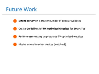 Future Work
Extend survey on a greater number of popular websites
Create Guidelines for UX-optimized websites for Smart TVs
Perform user-testing on prototype TV-optimized websites
Maybe extend to other devices (watches?)
 