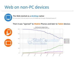 Web on non-PC devices
The Web started as a desktop native
For many years, the only way to access the WWW was through a Desktop/Laptop PC.
Then it was “opened” to Mobile Phones and later to Tablet devices
 