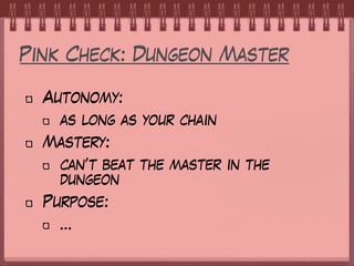 Pink Check: Dungeon Master
Autonomy:
as long as your chain
Mastery:
can’t beat the master in the
dungeon
Purpose:
…
 