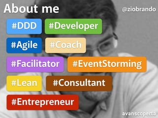 About me
@ziobrando
I do something else instead
@ziobrandoAbout me
avanscoperta
#DDD
#Agile
#Lean
#Entrepreneur
#Developer
#EventStorming
#Coach
#Facilitator
#Consultant
 
