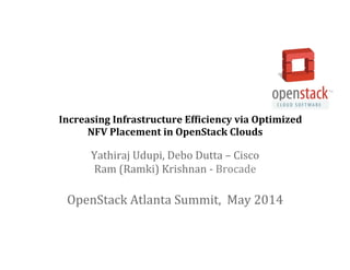 Increasing	
  Infrastructure	
  Ef/iciency	
  via	
  Optimized	
  
NFV	
  Placement	
  in	
  OpenStack	
  Clouds	
  
Yathiraj	
  Udupi,	
  Debo	
  Dutta	
  –	
  Cisco	
  
Ram	
  (Ramki)	
  Krishnan	
  -­‐	
  Brocade	
  
	
  
OpenStack	
  Atlanta	
  Summit,	
  	
  May	
  2014	
  
 