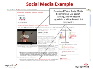Social Media Example
           Embedded Video, Social Media
             Bookmarking, Live Search
              tracking, and embedded
           hyperlinks – all for the web 2.0
                     community




                                              26
 