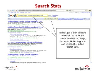 Search Stats



           Reader gets 1-click access to
             all search results for the
           release headline on Google,
           Yahoo!, MSN Live, Digg.com
             and Technorati… Instant
                    search stats.




                                           30
 