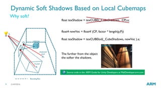 ©ARM20169
float texShadow = texCUBE(_CubeShadows, CP).a;
float4 newVec = float4`(CP, factor * length(piP))
float texShadow = texCUBElod(_CubeShadows, newVec ).a;
Why soft?
Dynamic Soft Shadows Based on Local Cubemaps
L
pi
C
P
pk
Q
Bounding Box
lit pixel
shadowed
pixel
cubemap
Source code in the ARM Guide for Unity Developers at MaliDeveloper.arm.com
The further from the object
the softer the shadows.
 