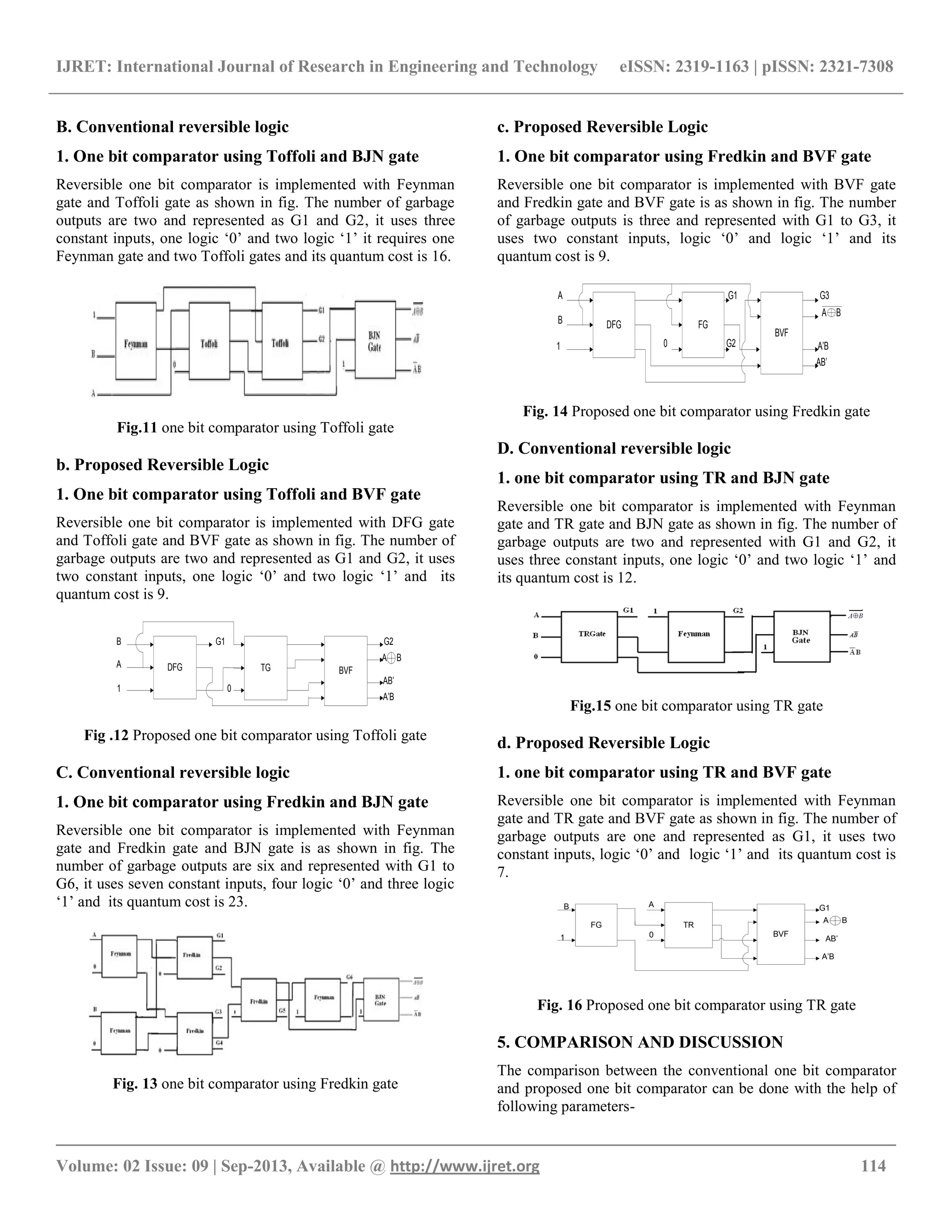 IJRET: International Journal of Research in Engineering and Technology eISSN: 2319-1163 | pISSN: 2321-7308
__________________________________________________________________________________________
Volume: 02 Issue: 09 | Sep-2013, Available @ http://www.ijret.org 114
B. Conventional reversible logic
1. One bit comparator using Toffoli and BJN gate
Reversible one bit comparator is implemented with Feynman
gate and Toffoli gate as shown in fig. The number of garbage
outputs are two and represented as G1 and G2, it uses three
constant inputs, one logic „0‟ and two logic „1‟ it requires one
Feynman gate and two Toffoli gates and its quantum cost is 16.
Fig.11 one bit comparator using Toffoli gate
b. Proposed Reversible Logic
1. One bit comparator using Toffoli and BVF gate
Reversible one bit comparator is implemented with DFG gate
and Toffoli gate and BVF gate as shown in fig. The number of
garbage outputs are two and represented as G1 and G2, it uses
two constant inputs, one logic „0‟ and two logic „1‟ and its
quantum cost is 9.
DFG TG BVF
B
A
1 0
G2G1
A B
AB’
A’B
Fig .12 Proposed one bit comparator using Toffoli gate
C. Conventional reversible logic
1. One bit comparator using Fredkin and BJN gate
Reversible one bit comparator is implemented with Feynman
gate and Fredkin gate and BJN gate is as shown in fig. The
number of garbage outputs are six and represented with G1 to
G6, it uses seven constant inputs, four logic „0‟ and three logic
„1‟ and its quantum cost is 23.
Fig. 13 one bit comparator using Fredkin gate
c. Proposed Reversible Logic
1. One bit comparator using Fredkin and BVF gate
Reversible one bit comparator is implemented with BVF gate
and Fredkin gate and BVF gate is as shown in fig. The number
of garbage outputs is three and represented with G1 to G3, it
uses two constant inputs, logic „0‟ and logic „1‟ and its
quantum cost is 9.
DFG FG
BVF
A
B
1 0
G1
G2
G3
A B
A’B
AB’
Fig. 14 Proposed one bit comparator using Fredkin gate
D. Conventional reversible logic
1. one bit comparator using TR and BJN gate
Reversible one bit comparator is implemented with Feynman
gate and TR gate and BJN gate as shown in fig. The number of
garbage outputs are two and represented with G1 and G2, it
uses three constant inputs, one logic „0‟ and two logic „1‟ and
its quantum cost is 12.
Fig.15 one bit comparator using TR gate
d. Proposed Reversible Logic
1. one bit comparator using TR and BVF gate
Reversible one bit comparator is implemented with Feynman
gate and TR gate and BVF gate as shown in fig. The number of
garbage outputs are one and represented as G1, it uses two
constant inputs, logic „0‟ and logic „1‟ and its quantum cost is
7.
FG TR
BVF
B
1 0
A G1
A B
AB’
A’B
Fig. 16 Proposed one bit comparator using TR gate
5. COMPARISON AND DISCUSSION
The comparison between the conventional one bit comparator
and proposed one bit comparator can be done with the help of
following parameters-
 