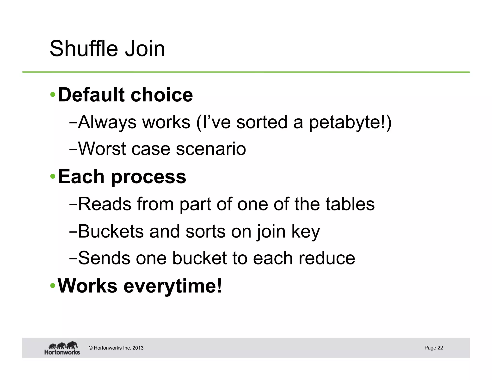 Shuffle Join

• Default choice
  – Always works (I’ve sorted a petabyte!)
  – Worst case scenario
• Each process
  – Reads from part of one of the tables
  – Buckets and sorts on join key
  – Sends one bucket to each reduce
• Works everytime!

    © Hortonworks Inc. 2013                  Page 22
 