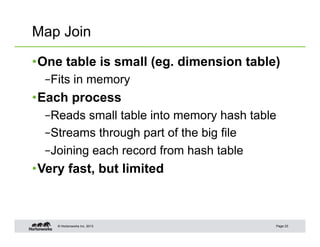 Map Join

• One table is small (eg. dimension table)
  – Fits in memory
• Each process
  – Reads small table into memory hash table
  – Streams through part of the big file
  – Joining each record from hash table
• Very fast, but limited



    © Hortonworks Inc. 2013                Page 23
 