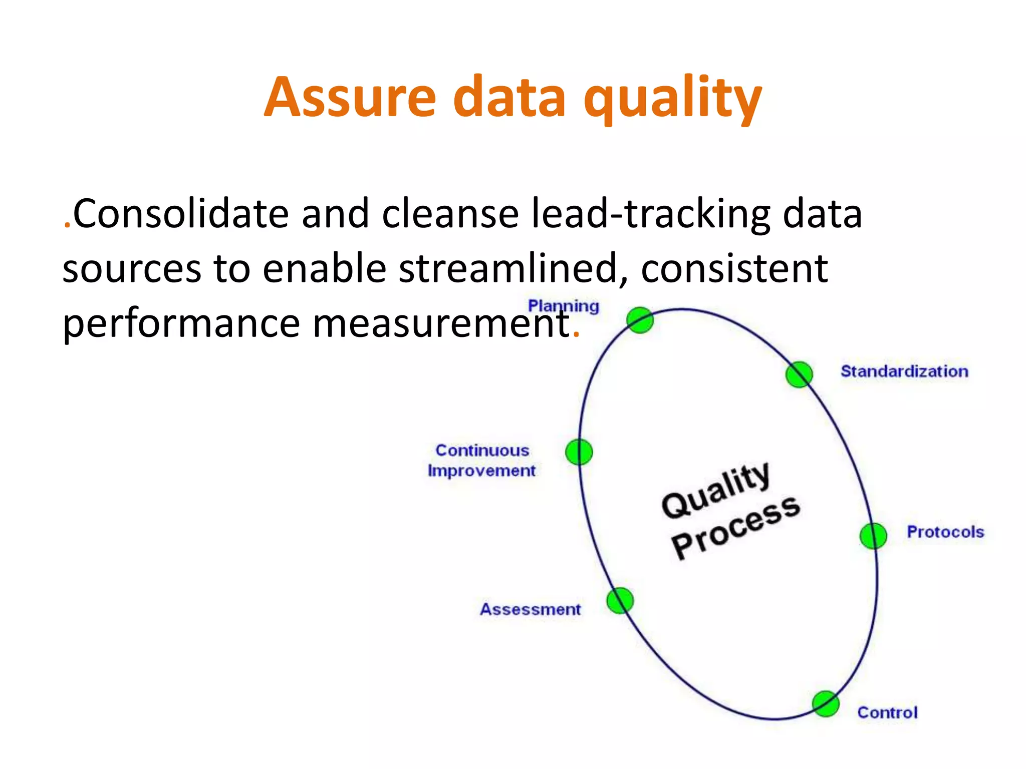 Assure data quality
.Consolidate and cleanse lead-tracking data
sources to enable streamlined, consistent
performance measurement.
 