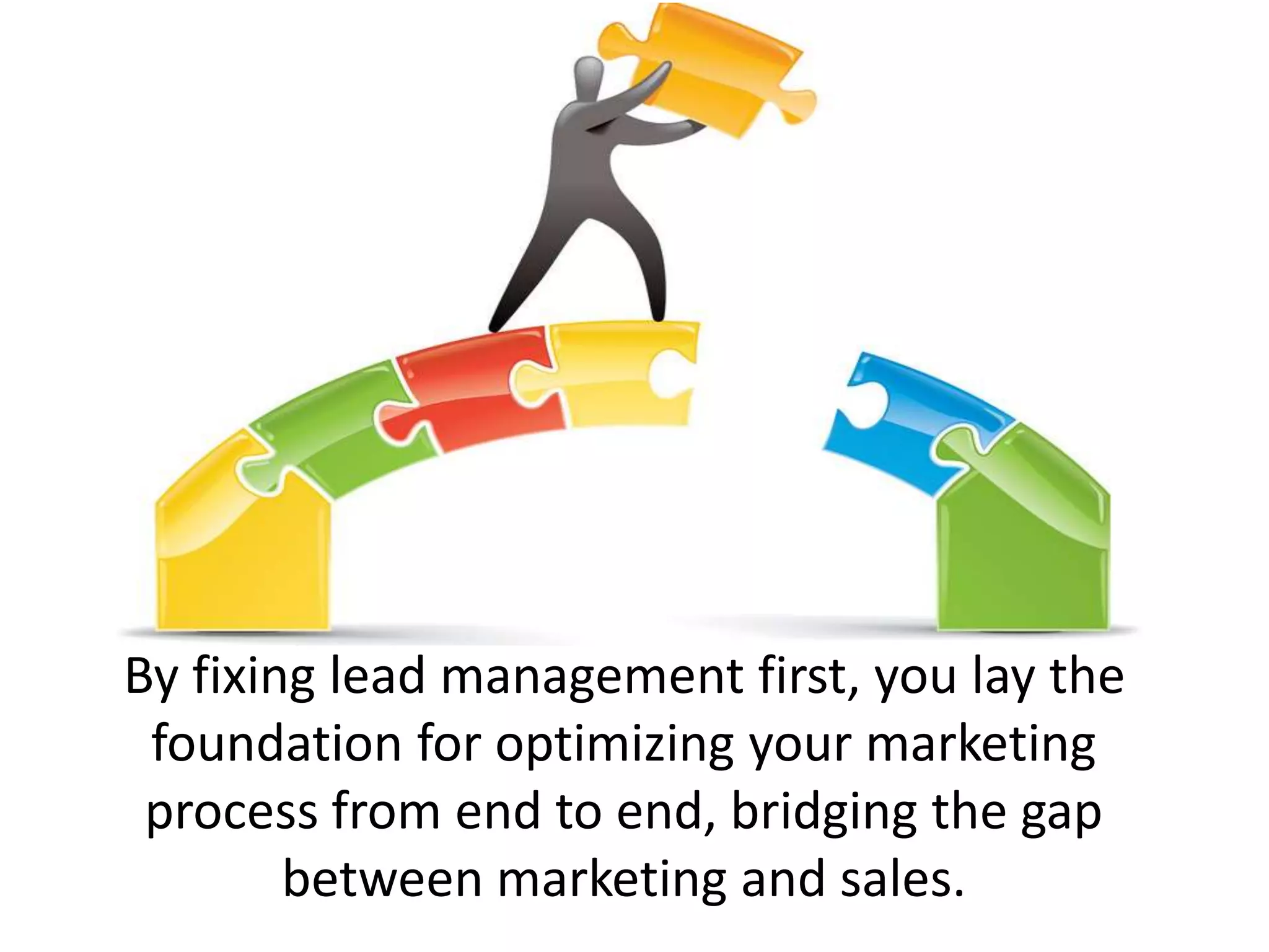 By fixing lead management first, you lay the
foundation for optimizing your marketing
process from end to end, bridging the gap
between marketing and sales.
 