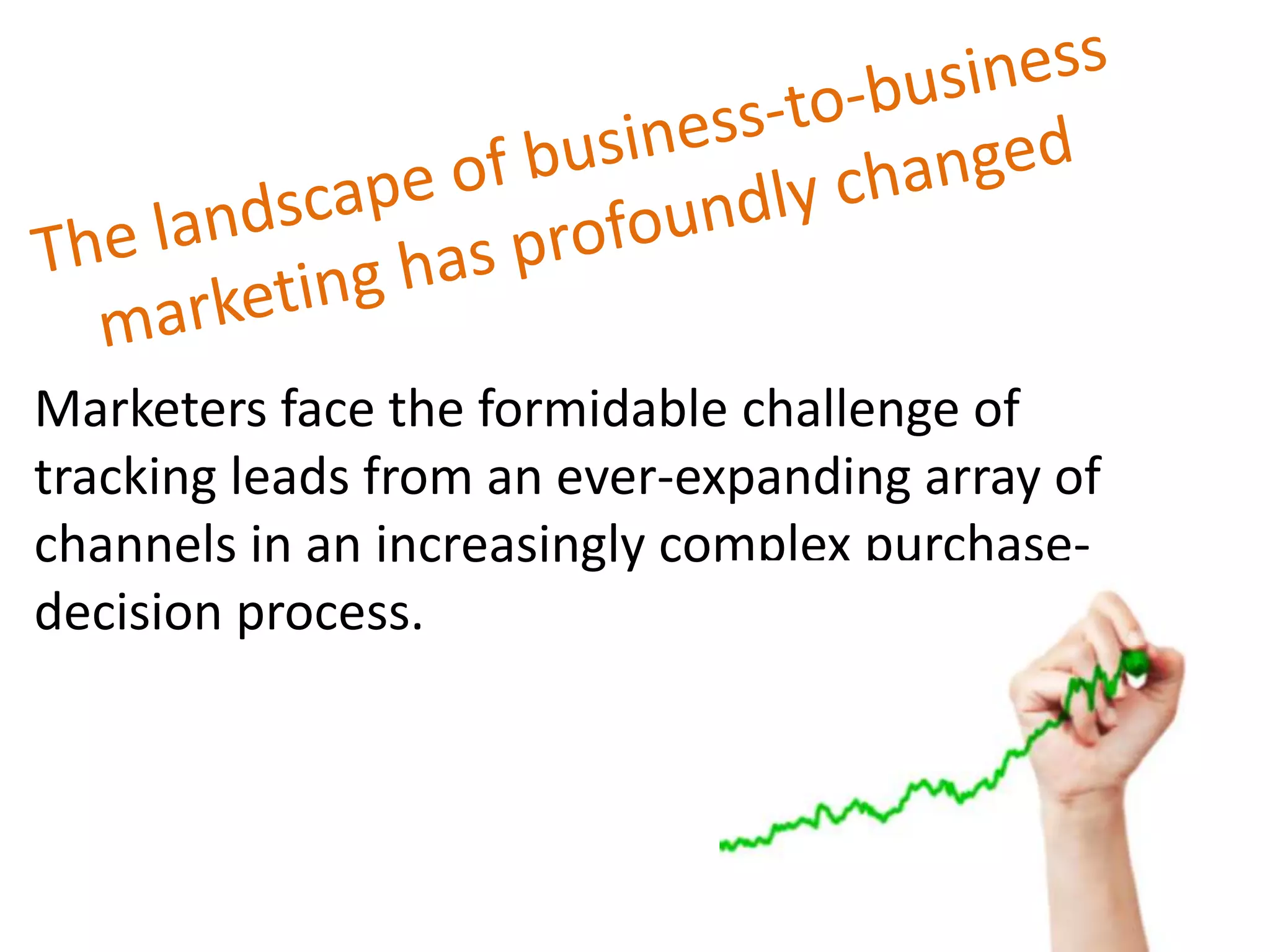 Marketers face the formidable challenge of
tracking leads from an ever-expanding array of
channels in an increasingly complex purchase-
decision process.
 