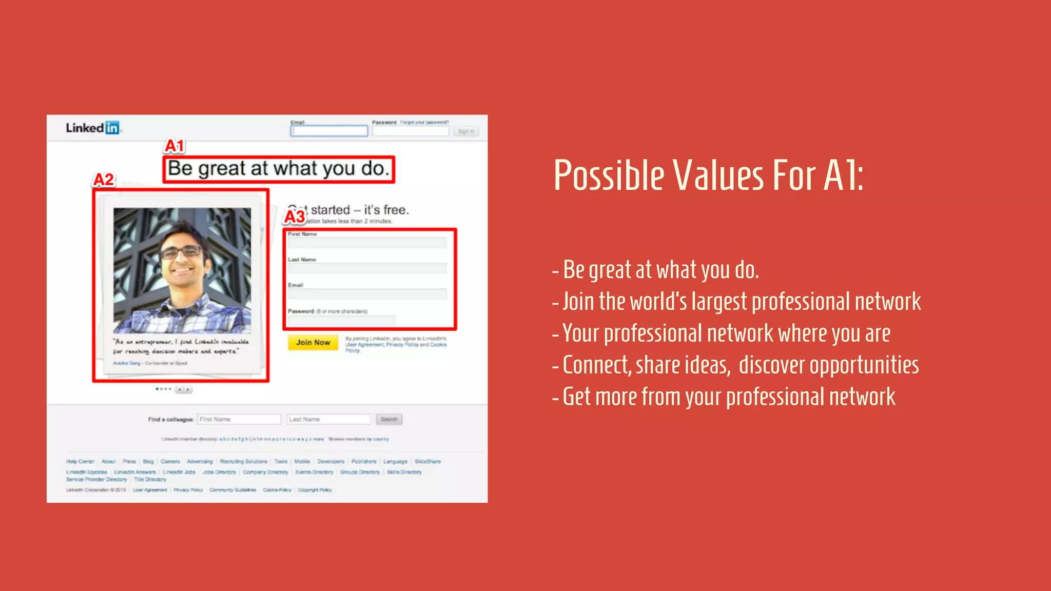 Possible Values For A1:
- Be great at what you do.
- Join the world’s largest professional network
- Your professional network where you are
- Connect, share ideas, discover opportunities
- Get more from your professional network

 