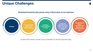 8
Unique Challenges
Scheduled backend jobs power many critical parts of our business.
A client side solution wouldn’t give...