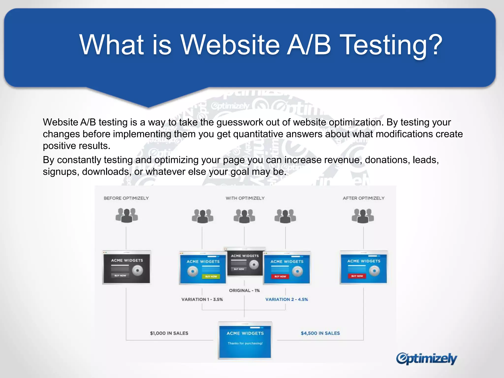 What is Website A/B Testing? 
Website A/B testing is a way to take the guesswork out of website optimization. By testing your 
changes before implementing them you get quantitative answers about what modifications create 
positive results. 
By constantly testing and optimizing your page you can increase revenue, donations, leads, 
signups, downloads, or whatever else your goal may be. 
 