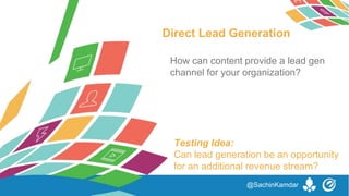 Direct Lead Generation
Testing Idea:
Can lead generation be an opportunity
for an additional revenue stream?
How can content provide a lead gen
channel for your organization?
@SachinKamdar
 