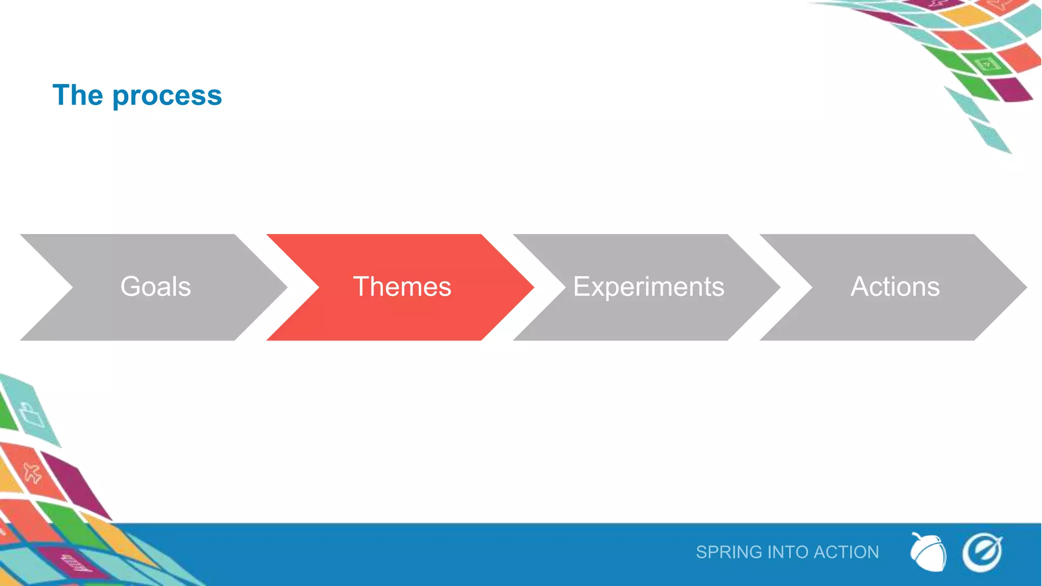 Goals Themes Experiments Actions
SPRING INTO ACTION
The process
 