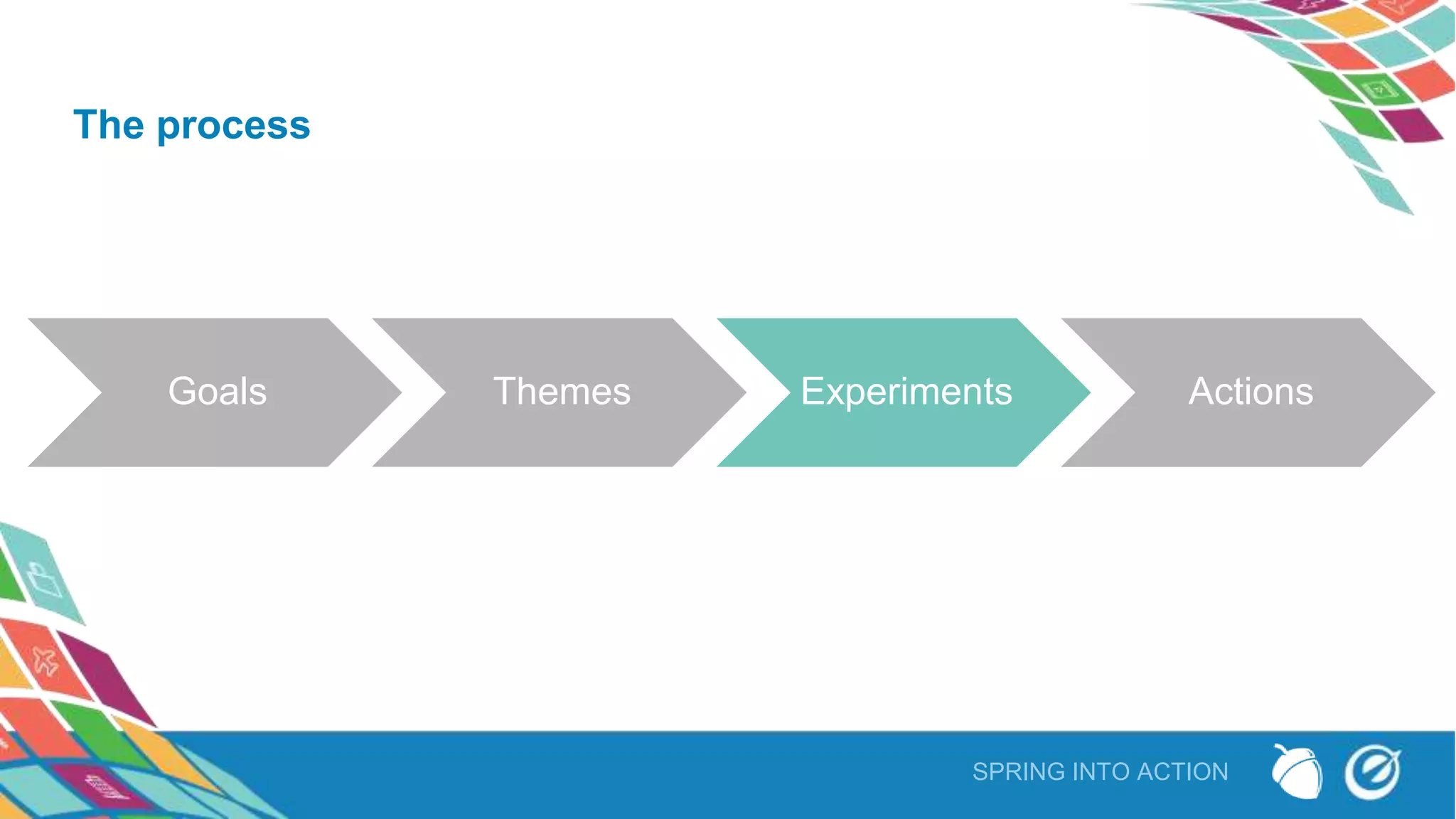 Goals Themes Experiments Actions
SPRING INTO ACTION
The process
 