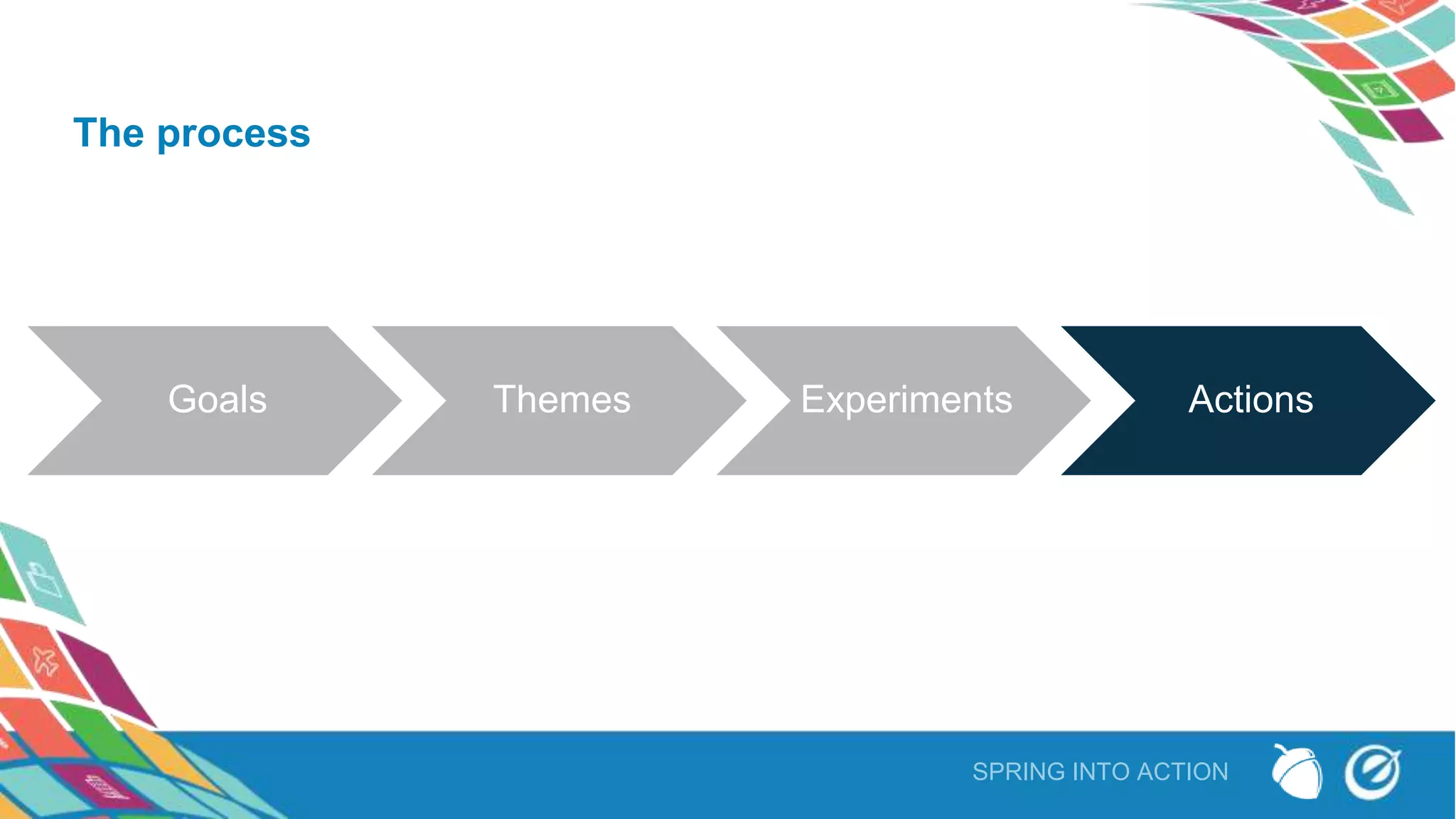 Goals Themes Experiments Actions
SPRING INTO ACTION
The process
 
