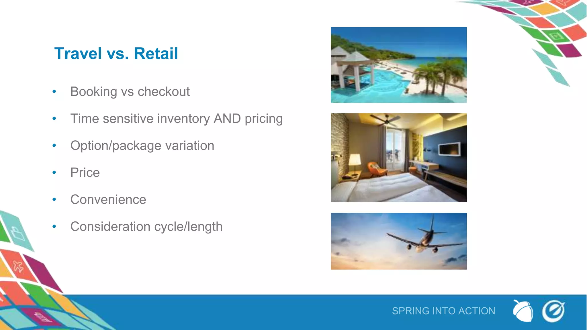 SPRING INTO ACTION
Travel vs. Retail
• Booking vs checkout
• Time sensitive inventory AND pricing
• Option/package variation
• Price
• Convenience
• Consideration cycle/length
 