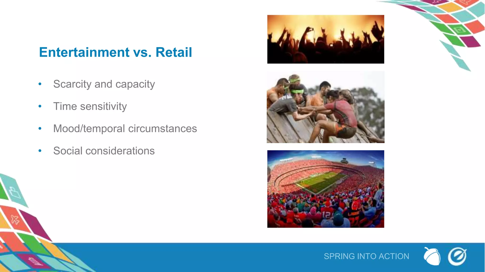 SPRING INTO ACTION
Entertainment vs. Retail
• Scarcity and capacity
• Time sensitivity
• Mood/temporal circumstances
• Social considerations
 