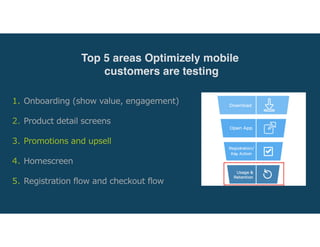 1. Onboarding (show value, engagement) 
2. Product detail screens 
3. Promotions and upsell 
4. Homescreen 
5. Registration flow and checkout flow
Top 5 areas Optimizely mobile
customers are testing
 