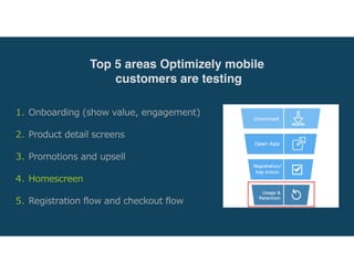 1. Onboarding (show value, engagement) 
2. Product detail screens 
3. Promotions and upsell 
4. Homescreen 
5. Registration flow and checkout flow
Top 5 areas Optimizely mobile
customers are testing
 