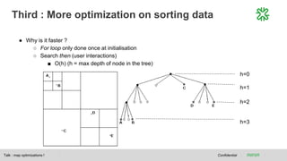 Third : More optimization on sorting data
Confidential
● Why is it faster ?
○ For loop only done once at initialisation
○ Search then (user interactions)
■ O(h) (h = max depth of node in the tree)
Talk : map optimizations !
h=0
h=1
h=2
h=3
 