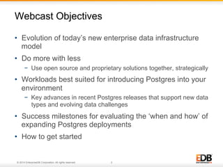 2© 2014 EnterpriseDB Corporation. All rights reserved.
•  Evolution of today’s new enterprise data infrastructure
model
•  Do more with less
−  Use open source and proprietary solutions together, strategically
•  Workloads best suited for introducing Postgres into your
environment
−  Key advances in recent Postgres releases that support new data
types and evolving data challenges
•  Success milestones for evaluating the ‘when and how’ of
expanding Postgres deployments
•  How to get started
Webcast Objectives
 