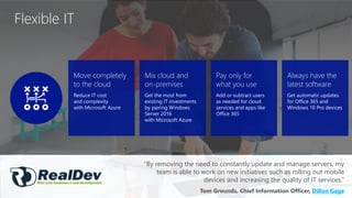 Flexible IT
“By removing the need to constantly update and manage servers, my
team is able to work on new initiatives such as rolling out mobile
devices and increasing the quality of IT services.”
Tom Grounds, Chief Information Officer, Dillon Gage
Move completely
to the cloud
Reduce IT cost
and complexity
with Microsoft Azure
Mix cloud and
on-premises
Get the most from
existing IT investments
by pairing Windows
Server 2016
with Microsoft Azure
Pay only for
what you use
Add or subtract users
as needed for cloud
services and apps like
Office 365
Always have the
latest software
Get automatic updates
for Office 365 and
Windows 10 Pro devices
 