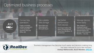 Optimized business processes
“Business management has become much easier and decision-making time
has been reduced to just a few minutes.“
Andrejs Nikiforovskis, Board Member, OPG SIA
Connect key
operations
Create consistent,
unified management
in the cloud with
Dynamics 365 and
Office 365
Use scalable
data storage
Store data cost-
effectively with
Microsoft Azure
Get better
performance
from devices
Get longer battery life,
faster computing and
more from Windows 10
Pro devices
Manage devices
more easily
Take charge of
employee-owned
and company Windows,
Android and/or iOS
devices with Enterprise
Mobility + Security
 