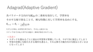 Adagrad(Adaptive Gradient)
?㣾
? ݥåؤͤ뤴Ȥ^ȥѧʤ۷eƤ䤬0˝uƤޤ
? ѧγڤ˹?ʈͨȡԽS?ι?ޤ
ˤʤäƤޤ
 