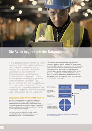 4
In einer globalisierenden Wirtschaft mit immer
strengeren Vorschriften müssen sich Firmen
profunde Kenntnisse über Ihre Anlagen
aneignen, um langfristig Erfolg zu haben.
Lange ist es her, als ein Team von
vertrauenswürdigen Mechanikern und
Betreibern alles nach Bauchgefühl laufen
ließ. Wir stehen am Anfang der sogenannten
„vierten industriellen Revolution“. Das
‚Internet der Dinge‘ (IoT) wird eine vollständige
Konnektivität zwischen Systemen, Geräten,
Ausrüstung und Komponenten bewirken. Eine
vollständige Transparenz ist nun in Reichweite
und die Daten stehen dabei im Mittelpunkt.
SETZEN SIE IHRE PRIORITÄTEN RICHTIG
Optimizer+ repräsentiert einen großen Schritt auf dem
Weg zur besseren Steuerung und Nutzung der Daten,
welche die Strategien festlegen, Ihre Unternehmensziele
zu erreichen. Produktivität, Sicherheit, Qualität, Compliance
und Kosteneffizienz starten mit der Kenntnis der Fakten und
Einsicht in die wirkliche Sachlage.
Das Wissen um die Kritikalität der Anlage und wo
man Prioritäten setzen muss, kann auf den heutigen
Wettbewerbsmärkten ausschlaggebend sein.
Die Reise beginnt mit der Datenqualität
Das Reliability Centred Maintenance (RCM) Modul im
Optimizer+ gibt einen direkten Einblick in die Auswirkungen
bestimmter Störungen beim Erreichen der Unternehmensziele.
Mit dieser klaren Erkenntnis über die Konsequenzen können
Sie begründete und rechtzeitige Entscheidungen über
Kosteneinsparungen auf Basis akzeptabler Risiken treffen.
Optimizer+ ermöglicht eine schnelle Kritikalitätsanalyse
mit Quick RCM und erlaubt damit eine erste Einschätzung,
welches die richtige Strategie ist, um einer Verschwendung
von Ressourcen vorzubeugen.
Der methodische RCM-Ansatz sorgt für optimale Verfügbarkeit und
Zuverlässigkeit der Anlagen.
System- und Anlagen-
identifizierung Funktions-
störungen und deren Folgen
Identifizierung der
Ausfallmöglichkeit eines
Equipments
Einschätzung des
möglichen Ausfallrisikos
Bestimmung von Maßnahmen
zur Reduzierung des potenziellen
Ausfallrisikos
Optimierung der präventiven
Instandhaltung Beurteilung des
Restrisikos Prüfung der Effizienz
Definierung von Funktionen
und Funktionsstörungen
Definierung von Wahrscheinlichkeiten
und Konsequenzen von Störungen
Die Unternehmensziele
FCMEA-Schritte
Ermittlung des Failure
Mode Effects
Kritikalitätsanalyse
Act Plan
Check Do
Der methodische RCM-Ansatz sorgt für optimale Verfügbarkeit und Zuverlässigkeit der Anlagen.
 