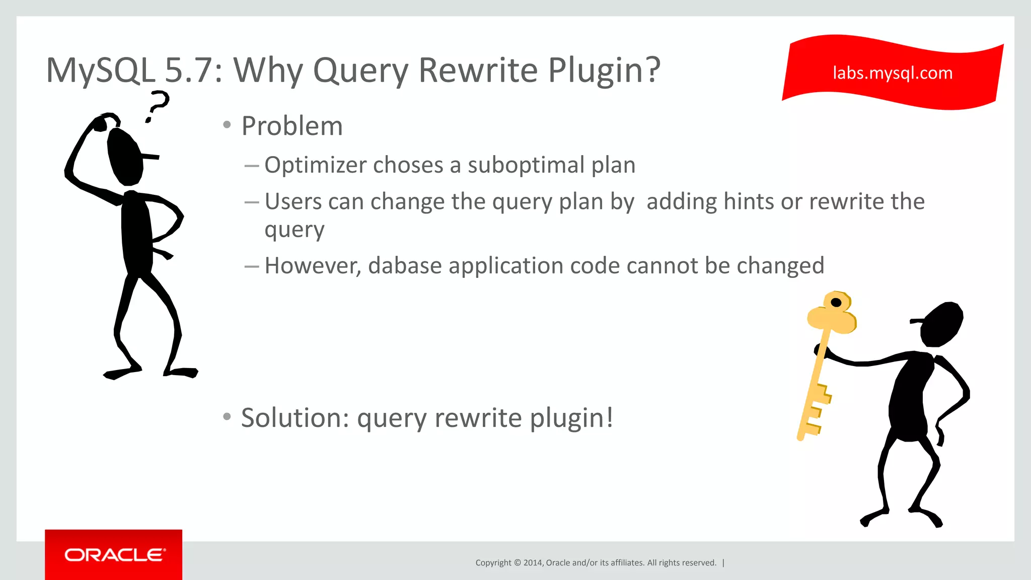 Copyright © 2014, Oracle and/or its affiliates. All rights reserved. | 
MySQL 5.7: Why Query Rewrite Plugin? 
• Problem 
– Optimizer choses a suboptimal plan 
– Users can change the query plan by adding hints or rewrite the 
query 
– However, dabase application code cannot be changed 
• Solution: query rewrite plugin! 
labs.mysql.com 
 