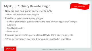 Copyright © 2014, Oracle and/or its affiliates. All rights reserved. | 
MySQL 5.7: Query Rewrite Plugin 
•New pre and post parse query rewrite APIs 
–Users can write their own plug-ins 
•Provides a post-parse query plugin 
–Rewrite problematic queries without the need to make application changes 
–Add hints 
–Modify join order 
–Many more … 
•Improve problematic queries from ORMs, third party apps, etc 
•~Zero performance overhead for queries not to be rewritten 
labs.mysql.com  