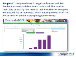 SampleMD also provides each drug manufacturer with key
feedback via analytical data from a dashboard. This provides
them data on exactly how many of their evouchers or ecoupons
were issued and or redeemed. Which in turn provides an instant
ROI analysis for their marketing budget investments
 