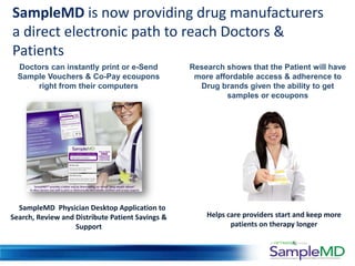 SampleMD is now providing drug manufacturers
a direct electronic path to reach Doctors &
Patients
  Doctors can instantly print or e-Send           Research shows that the Patient will have
  Sample Vouchers & Co-Pay ecoupons                more affordable access & adherence to
      right from their computers                    Drug brands given the ability to get
                                                           samples or ecoupons




  SampleMD Physician Desktop Application to
Search, Review and Distribute Patient Savings &       Helps care providers start and keep more
                   Support                                   patients on therapy longer
 